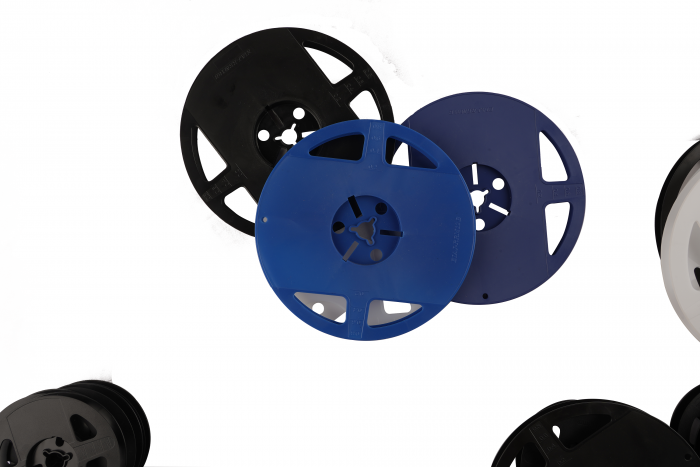 blue and black plastic reels